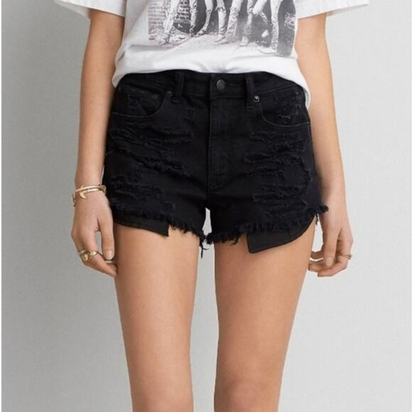 American Eagle High Rise Shortie Distressed Stretch Black Denim Short Size 8 - Picture 8 of 11